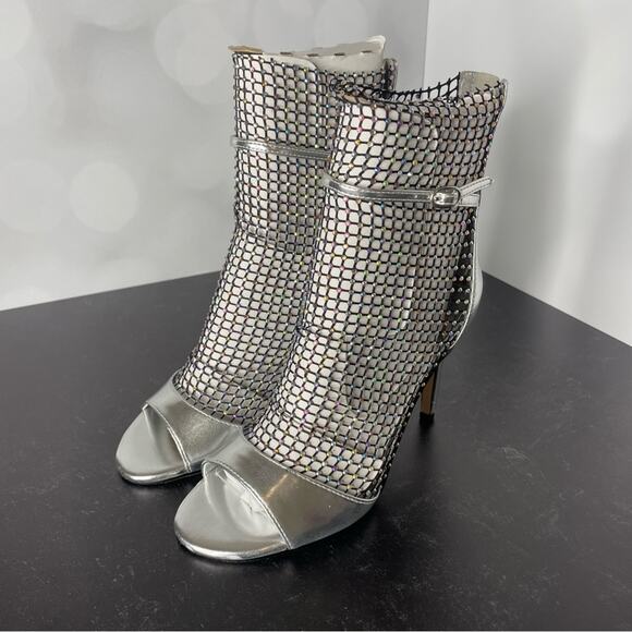 Nine West Imery Mesh Peep Toe Booties Silver Women’s Sz 6.5 - Picture 2 of 8